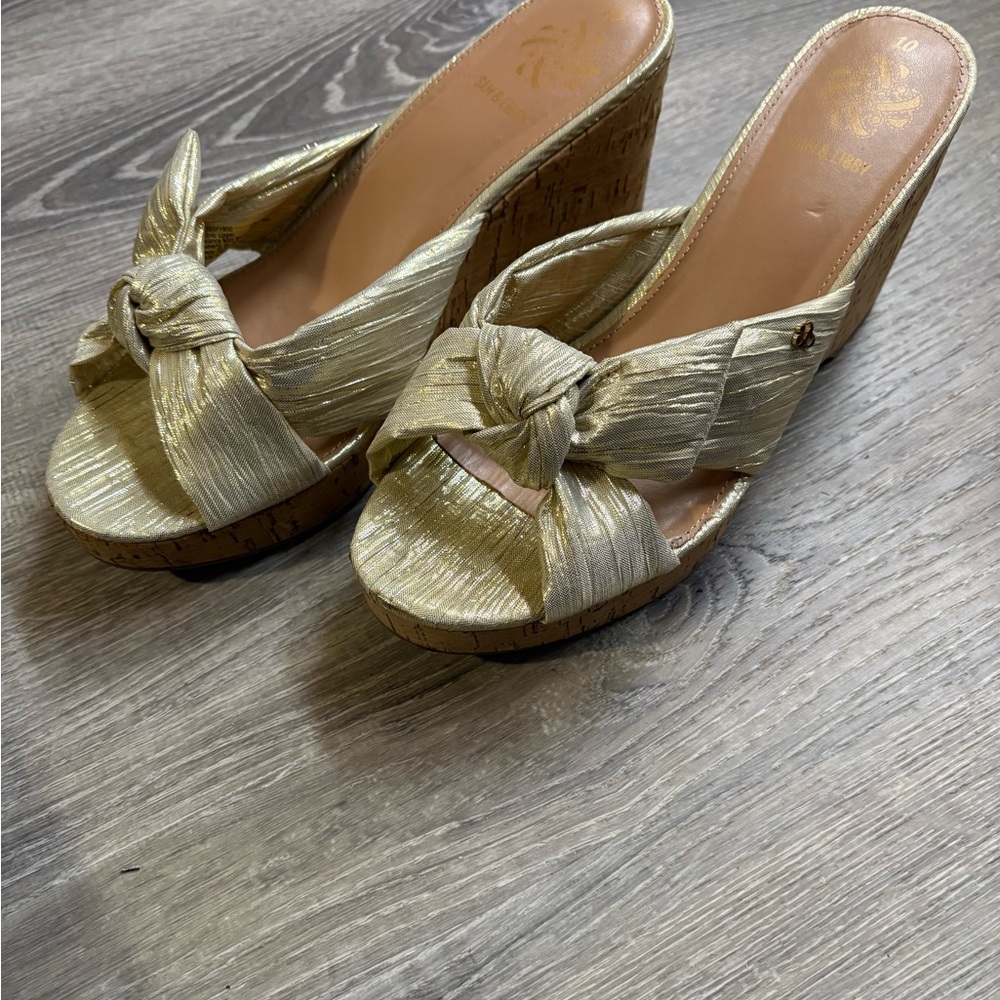 Sam & Libby Metallic Gold Knot Cork Wedge Slides